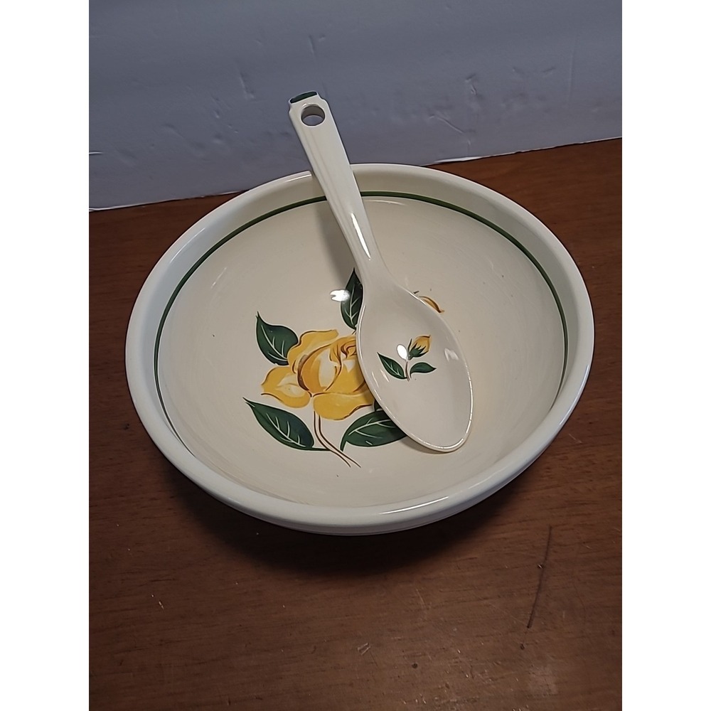 Vintage Bake Oven Mixing Bowl Yellow Rose Motif With Spoon 6643 9"